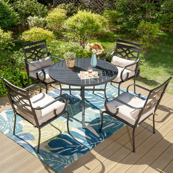MF Studio 5-Piece Outdoor Dining Set Metal Patio Furniture Set with 4 PCS Cushioned Armchairs& 1 PC Round Table, Black