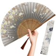thumbnail image 1 of Abanico de mano OmyTea plegable de seda de bambú para mujer Gray Sakura, 1 of 7