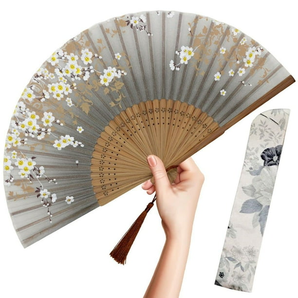 Abanico de mano OmyTea plegable de seda de bambú para mujer Gray Sakura