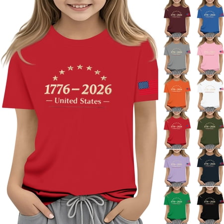 250th Anniversary USA Blouses for Kids Stars and Stripes American Flag Short Sleeve T-Shirts Girls Patriotic 4th of July Casual Cute Shirts White 110