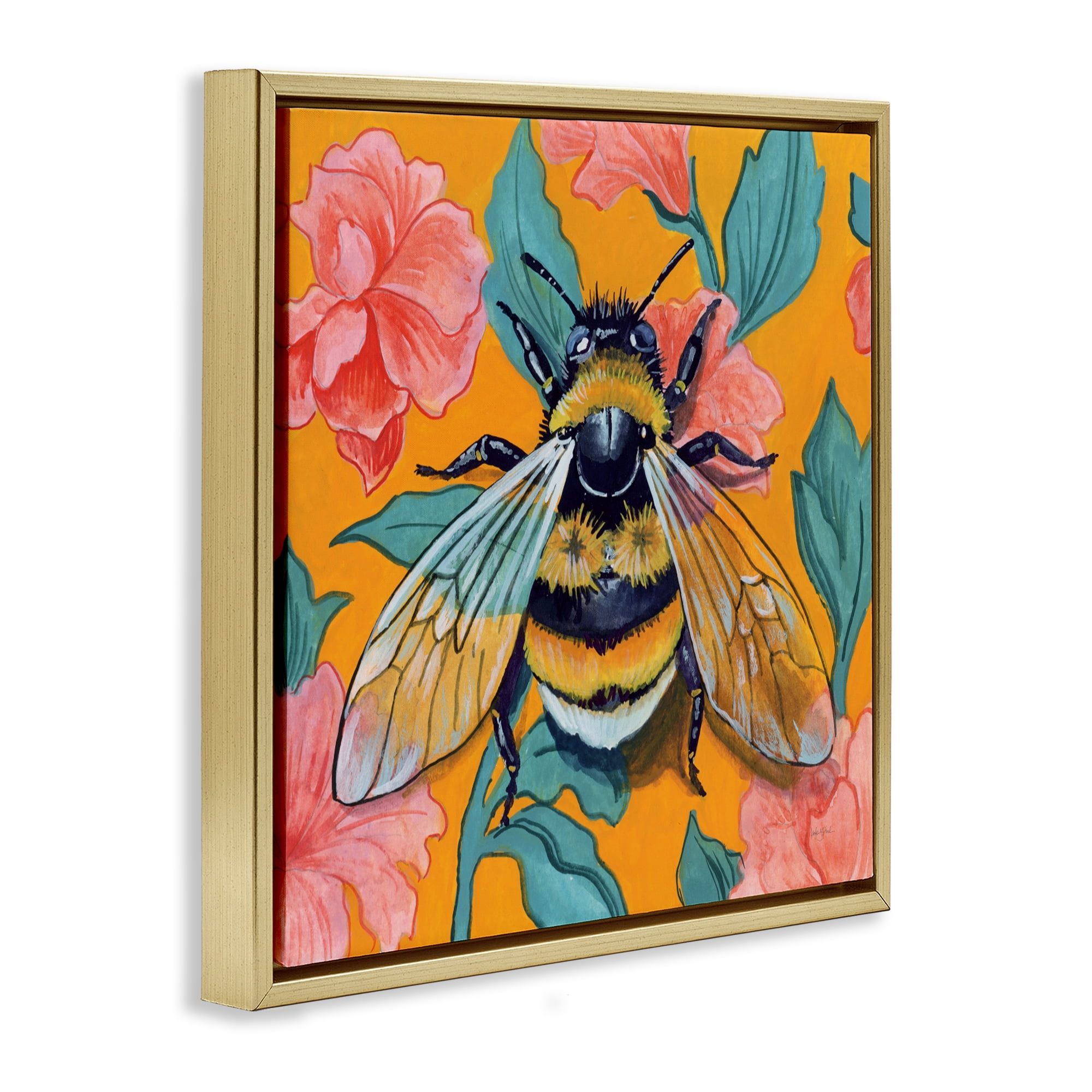 Stupell Industries Bumble Bee & Flower Pattern Gold Framed Floater Canvas Wall Art, design by Kate Jarvik Birch