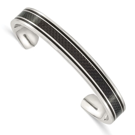 Auriga Fine Jewelry Stainless Steel Polished Black IP-plated with Black Carbon Fiber Inlay Cuff Bangle