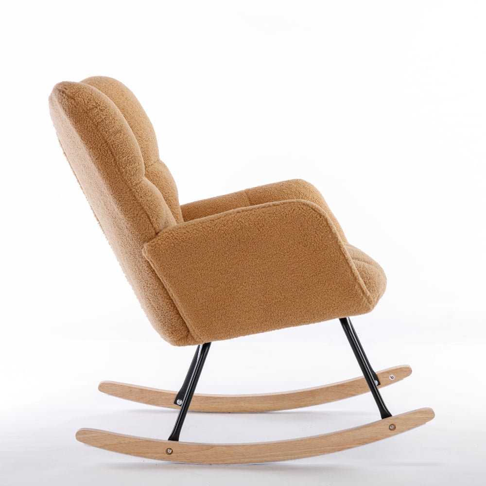 Oufan Leisure Rocking Chair With Upholstered, Teddy Fabric Nursery Rocking Chair with High Backrest & Solid Wood Frame for Living Room, Bedroom