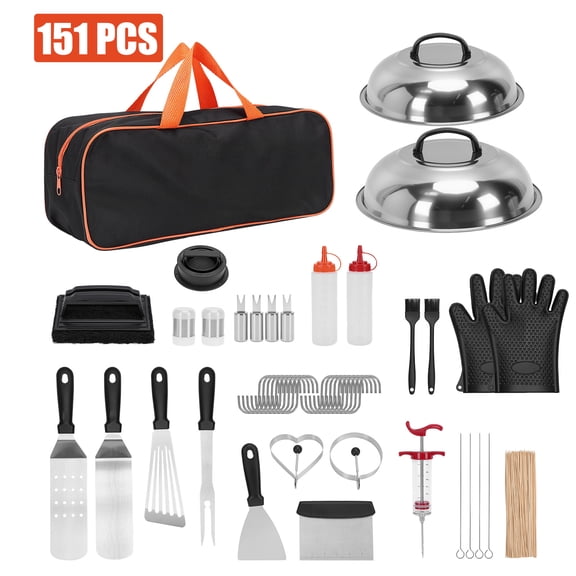 151 Pcs Griddle Accessories Kit, Stainless Steel Grill Tool Set with Spatulas, Scrapers, Squeeze Bottles, Skewers, Outdoor BBQ set