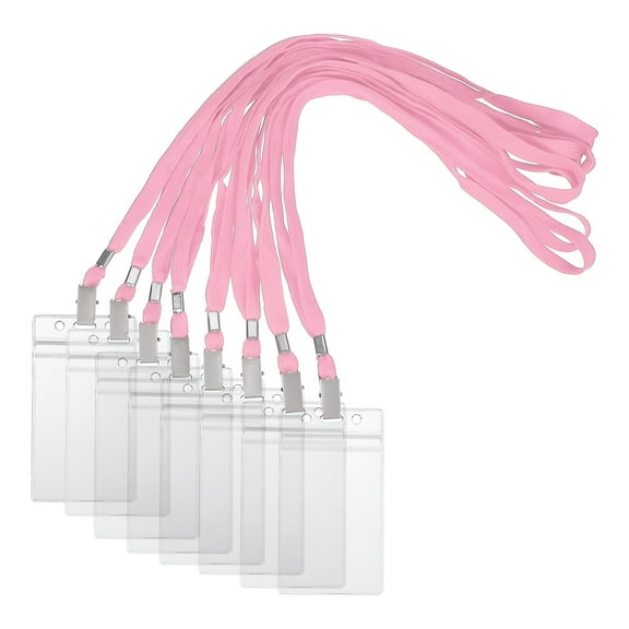 Uxcell 30 Set Name Tag Holders with Lanyard, Plastic Waterproof Badge Holder with Alligator Clip Lanyards for ID Badges Office Teacher Events Meetings, Pink(3x2 Inch)