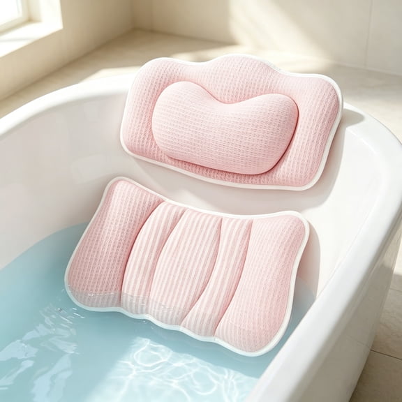 ROSYNEY Bath Pillow, Ergonomic Luxury Bathtub Pillow ,Multi-Use with Head,Neck, Shoulder and Back Support, with 6 Powerful Suction Cups, Fits All Bathtub,Pink