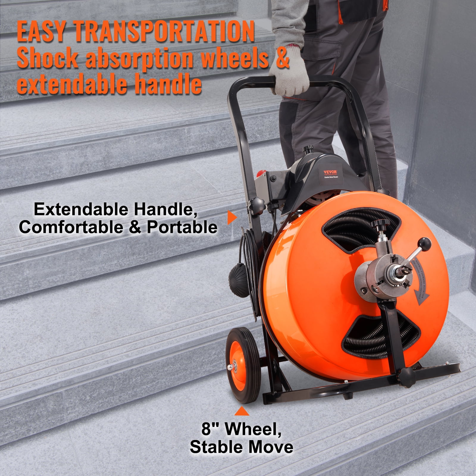 BENTISM Drain Cleaner Machine 100 FT x 3/4 " , 1800 RPM Sewer Auger Auto Feed with 4 Cutter & Air-activated Foot Switch for 1" to 4" Pipes