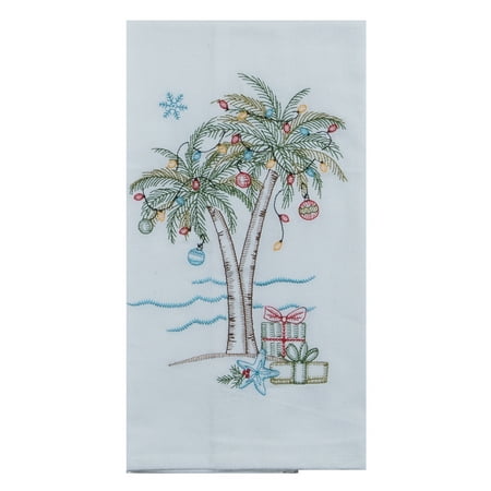 Palm Plus Dish - Holiday Palm Trees and Gifts Embroidered Flour Sack Kitchen Dish Towel