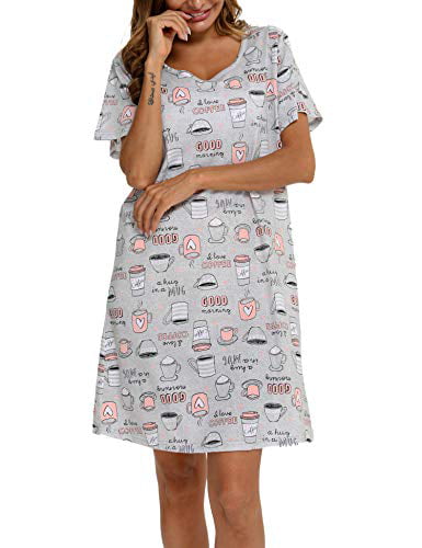ENJOYNIGHT Women's Nightdress Cotton Nightshirt Sleep Tee Short Sleeves Print Nighties Soft Sleepwear Loungewear 