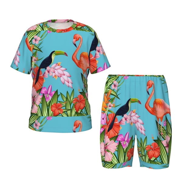 Balery Tropical Jungle Flamingo Conjunto de Pijama Infantil de Manga Corta con Estampado – Ropa de Dormir de Algodón Suave-Large
