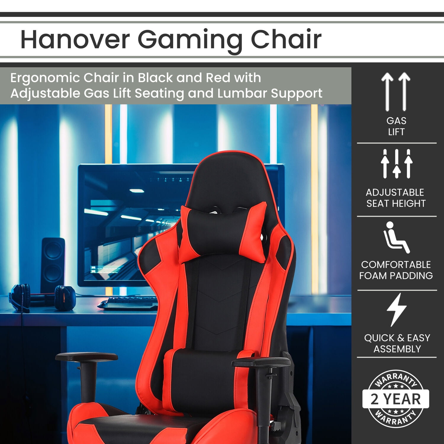 Hanover Commando Gas Lift 2-Tone Gaming Chair, Faux Leather, NO Cushions, 1  - Dillons Food Stores