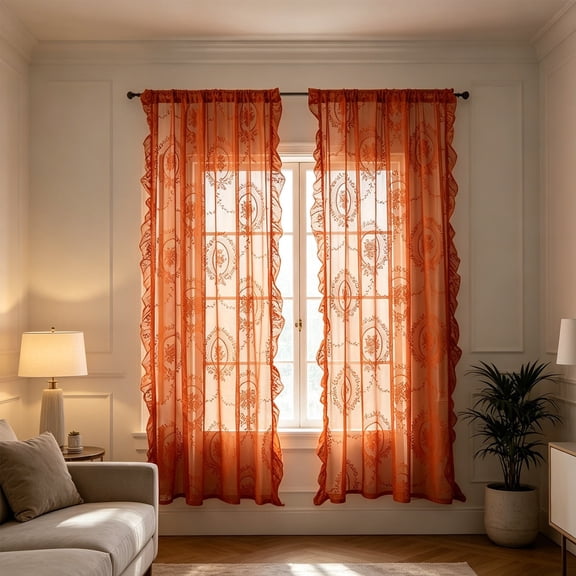 Naittoop Orange Floral Lace Curtain 63*55in Embroidered Light Filtering Drape Rod Pocket Door Curtain Panel Semi Sheer Design Decor for Living Room Bedroom Balcony Home Interior