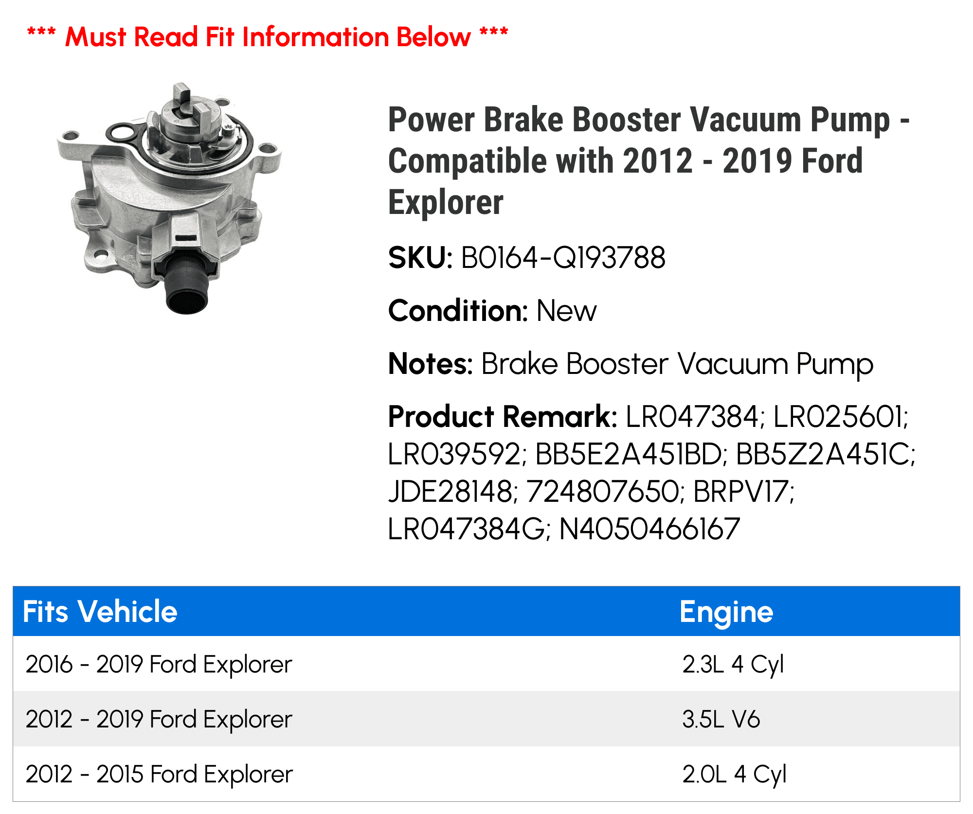 Power Brake Booster Vacuum Pump - Compatible with 2012 - 2019 Ford Explorer 2013 2014 2015 2016 2017 2018