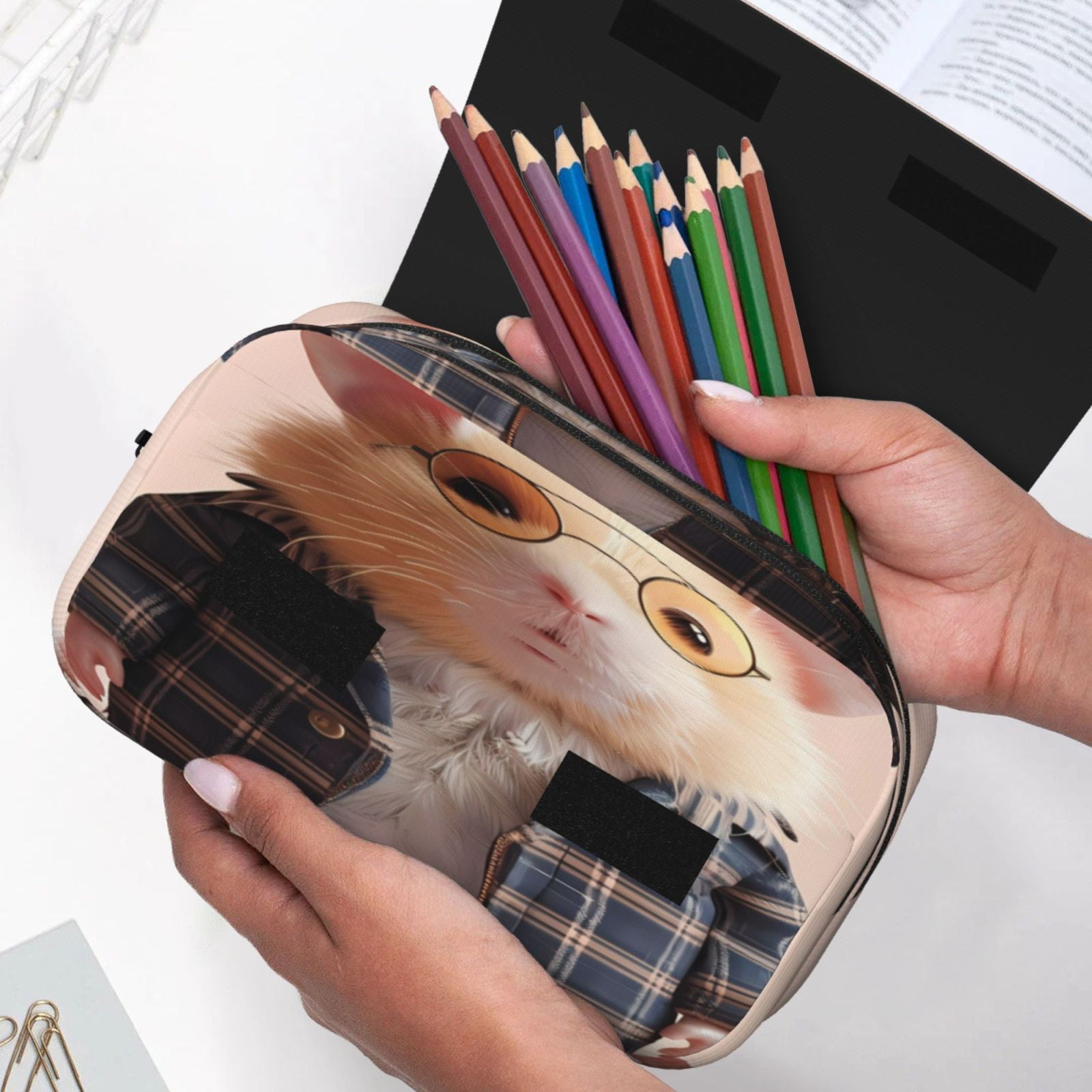 Rateoe Cute Mouse In Glasses Pattern Double Clamshell Pen Case, Storage Organizer with Two Zipper Compartments– Holds Up to 50 Pencils & Pens