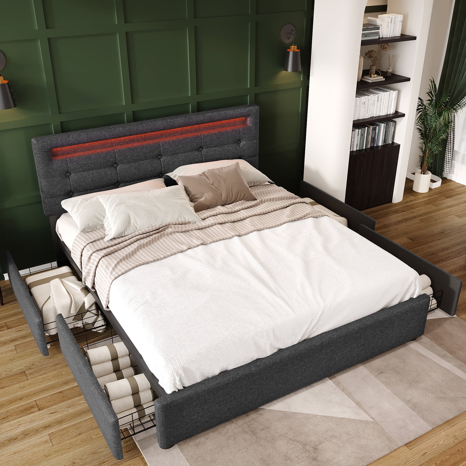 Kadyn Bed Frame Queen Size, Upholstered Platform Bed Frame with 4 Storage Drawers and LED Lights & Adjustable Headboard,No Box Spring Needed,Grey