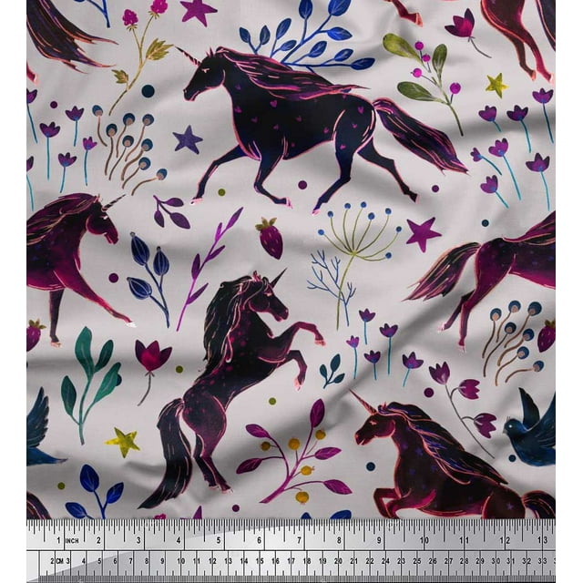 Soimoi Poly Georgette Fabric Leaves,Floral & Unicorn Animal Print Fabric by Yard 42 Inch Wide