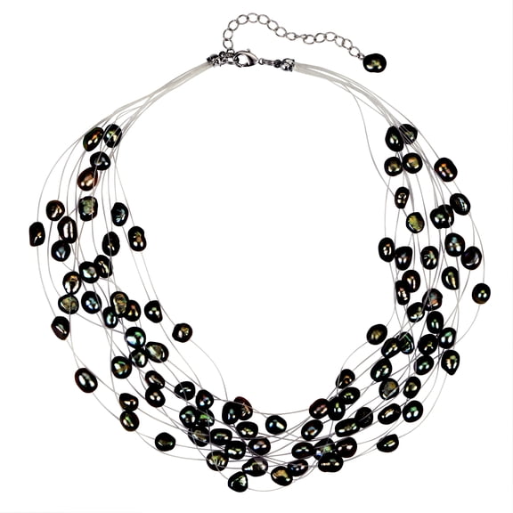 Multi Strand Baroque Black Freshwater Cultured Pearl Floating Necklace