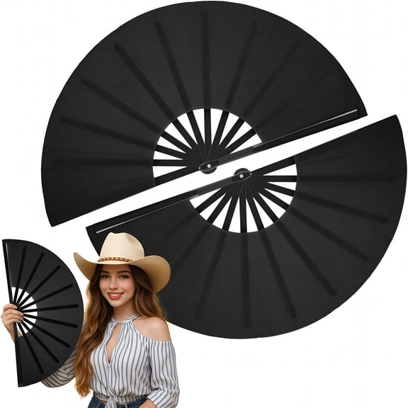 XIBUFE 2 Pcs Large Folding Hand Rave Fan Large Clap Fans for Line Dancing Nylon Cloth Foldable Hand Rave Fan for Chinese Kung Fu Festival Craft Dance Decoration(Black,Simple Pattern)