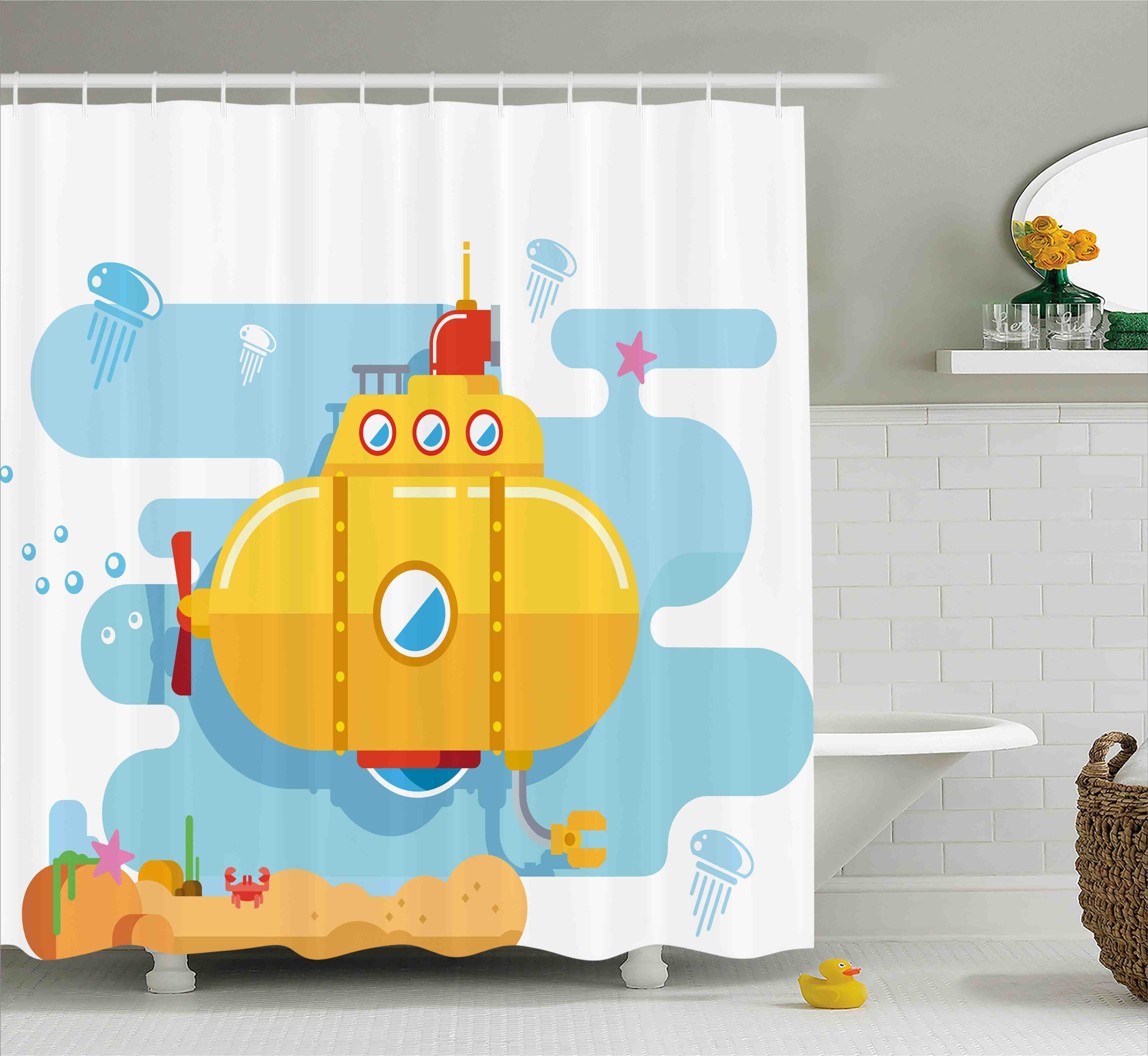 Yellow Submarine Decor Shower Curtain, Submarine Underwater
