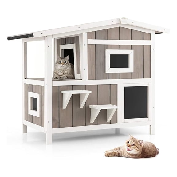 Outdoor Wooden Cat House, 2-Story Feral Cat House W/Escape Door, Balcony, Jumping Platform, Weatherproof Asphalt Roof, Indoor & Outdoor Kitten Shelter Cat Condo for Living Room, Garden, Patio
