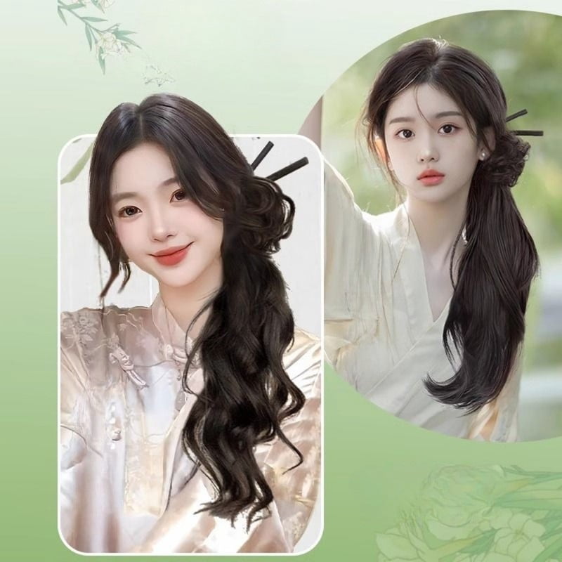 synthetic wig New Ancient Style Women Braids Wave Grab Wig Simulated Cheongsa Slightly Curled Low Ponytail Hair Photo Props