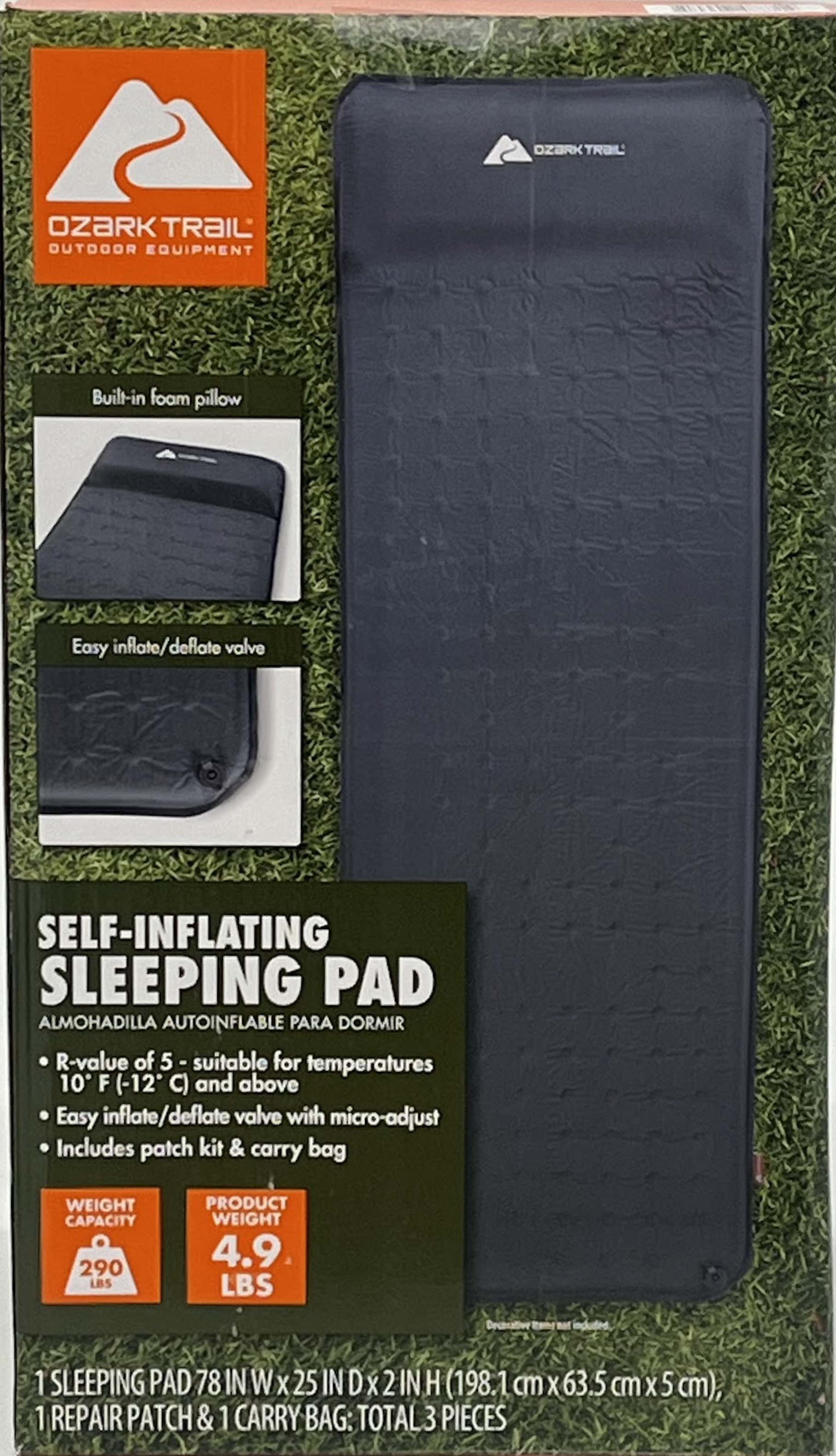 OZARK TRAIL SELF-INFLATING CAMP PAD WITH PILLOW – GREY, ADULT, 78″ L X 25″ W X 2″ H