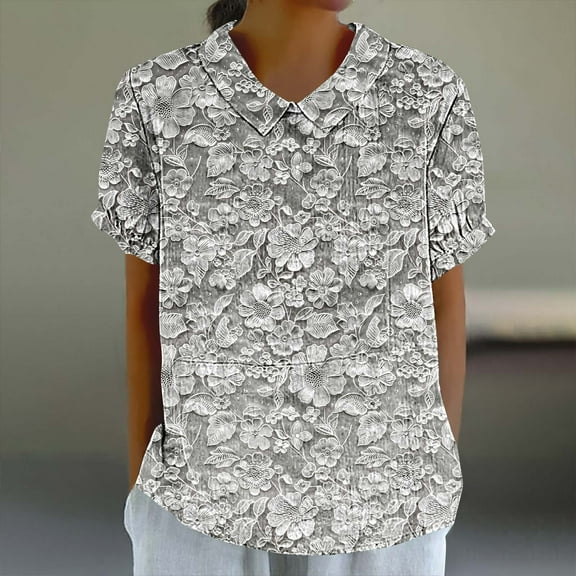 Delliss Women's Fashion Shirt Peter Pan Collar Frilled Short Sleeve Summer Tops Casual Vintage Floral Blouse