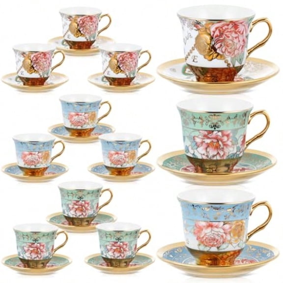 Set of 12 Tea Cups and Saucers Tea Party Decorations Floral Porcelain 5.4 oz British Gift for Women Birthday Party Church and Mother's Day Classic Style