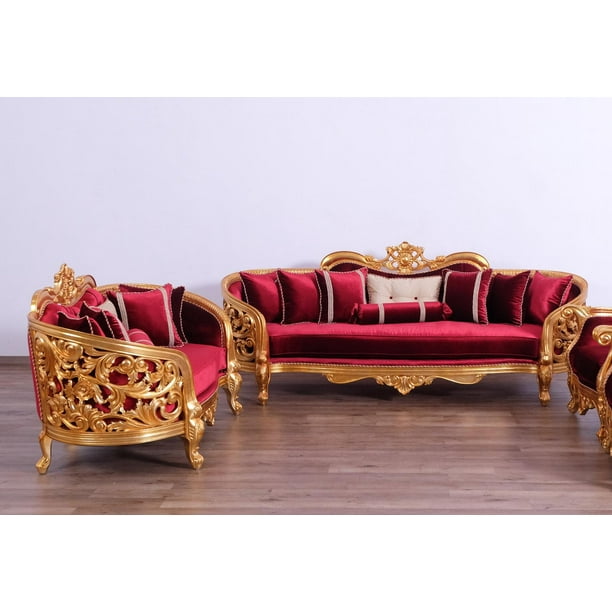 Victorian Burgundy & Antique Gold Luxury BELLAGIO Sofa Set 2 EUROPEAN