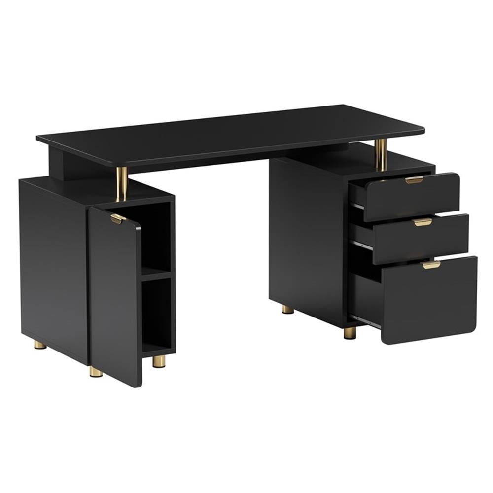 Pemberly Row Executive Desk with 3 Drawers and Cabinet - Black and Gold
