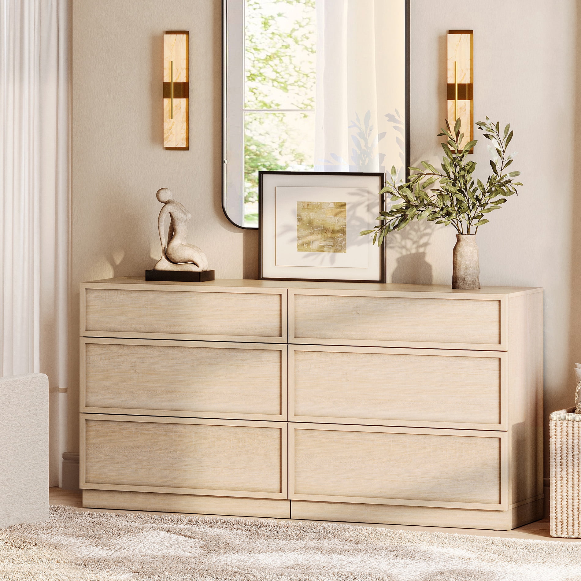 Modern 6-Drawer Wood Dresser, Handle-Free Push-Press Storage Chest with Solid Floor Base, Minimalist Storage Cabinet for Bedroom Living Room, Beige