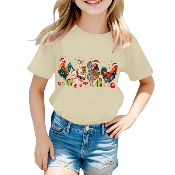 Ulitacool Tops For Girls Christmas O Neck Letter Graphic Short Sleeve Tee 0-1 Years Beige