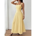 thumbnail image 5 of Petite Womens Yellow Solid Square Neck Ruched Flared Maxi Dress For Spring Summer, 5 of 7