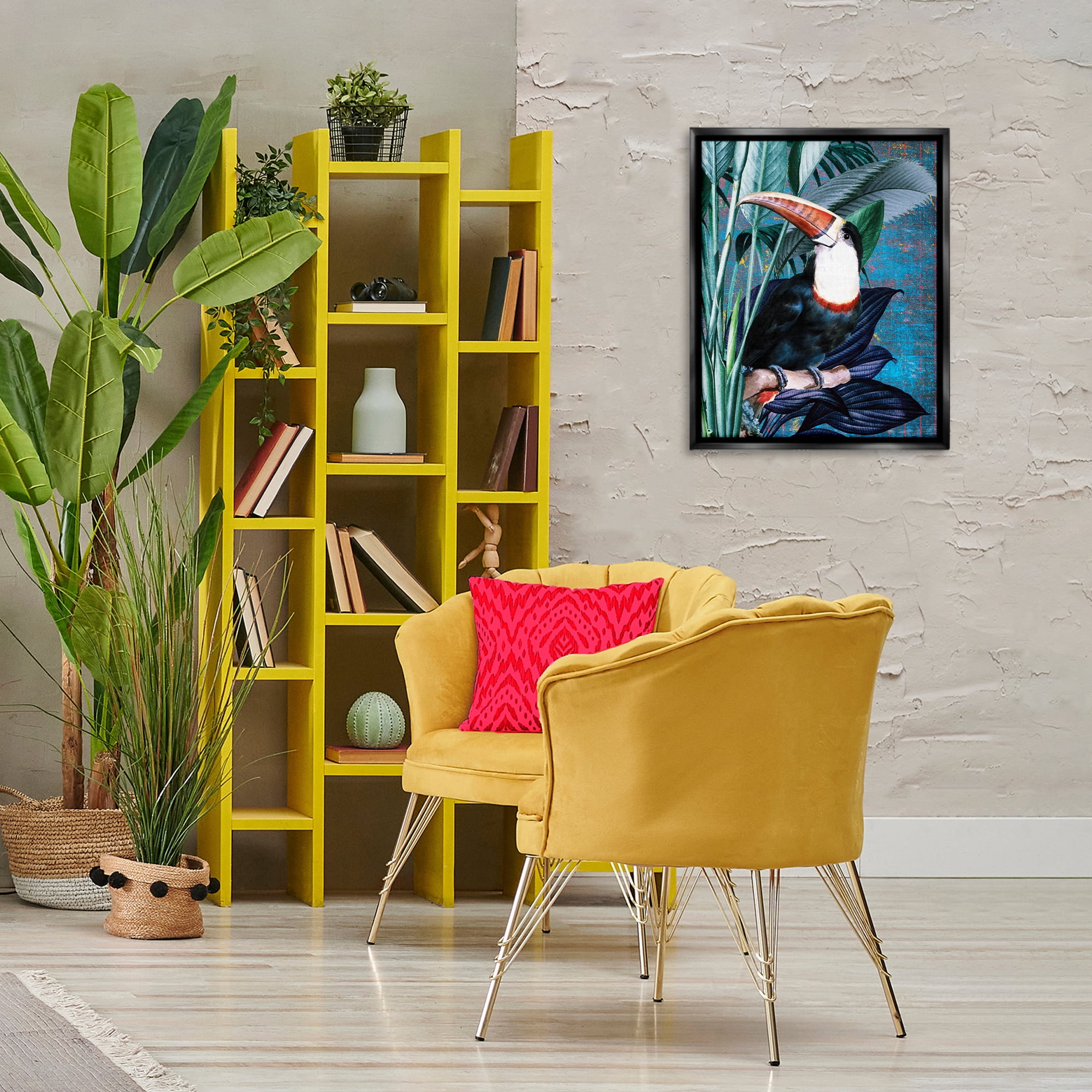 Stupell Industries Smiling Toucan on Branch Animals Painting Black Floater Framed Canvas Art Print Wall Art, 17 x 21