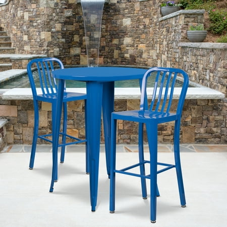 Flash Furniture Commercial Grade 30" Round Blue Metal Indoor-Outdoor Bar Table Set with 2 Vertical Slat Back Stools