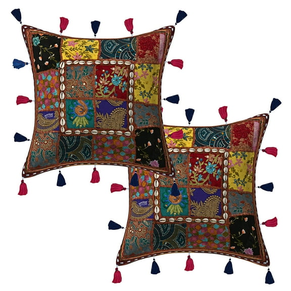Stylo Culture Ethnic Couch Throw Pillow Covers Patchwork 16x16 Embroidered Cowrie Brown Tribal Hippie 40x40 cm Bedroom Cotton Sea Shell Tassels Square Cushion Covers | Set Of 2