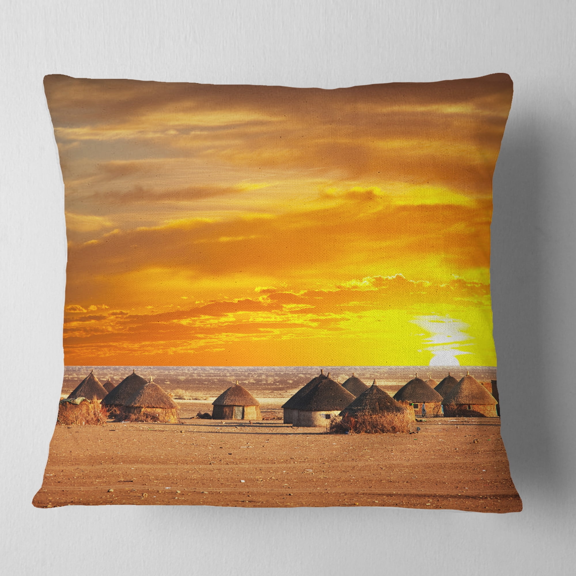 Designart Colorful African Village Huts View - Landscape Printed Throw Pillow - 16x16
