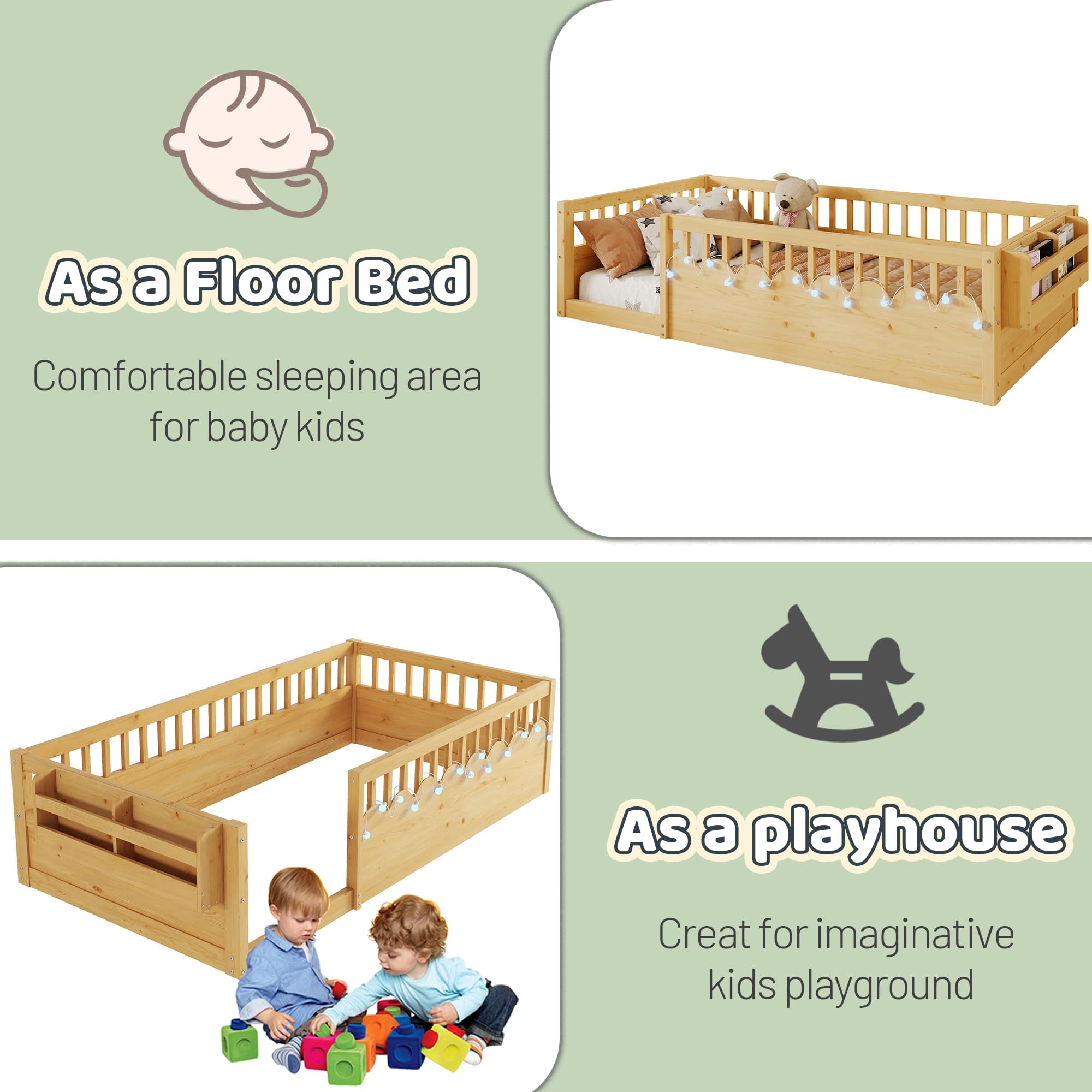 Mirightone Twin Montessori Bed with Rails and Storage Shelf, Wood Twin Floor Beds Frame with Light, Natural