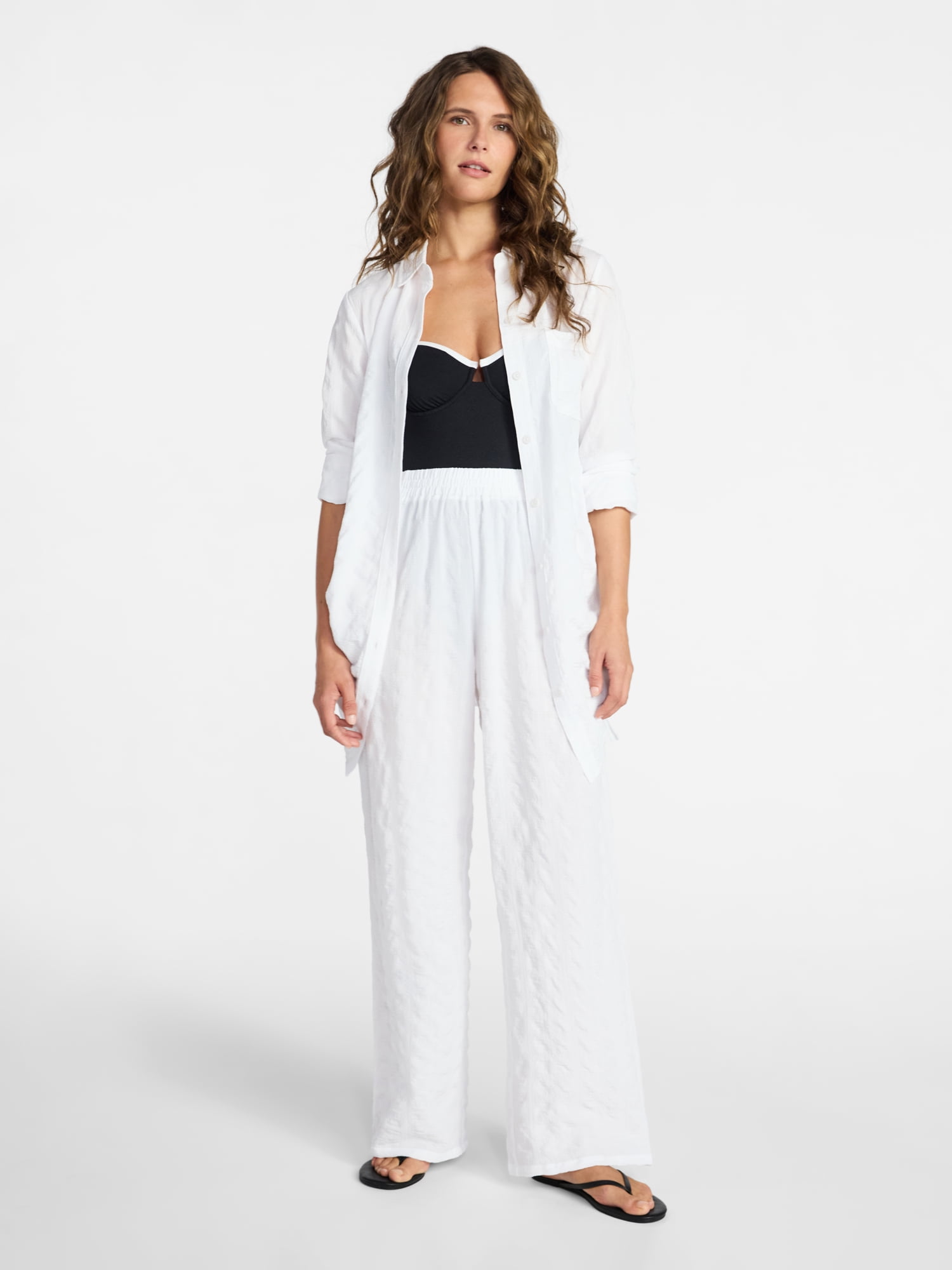 Time and Tru Women's and Women's Plus Size Essentials Convertible Button Down Shirt Coverup, Sizes XS-3X