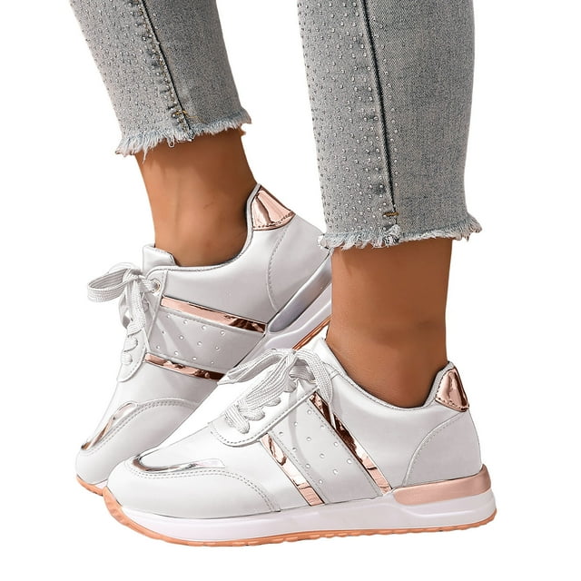 Pandaie Espadrilles à Plateforme pour Femmes en Cuir à Mousse Mémoire, Chaussures de Tennis Décontractées Classiques Antidérapantes pour Course et Marche, Blanches 6.5