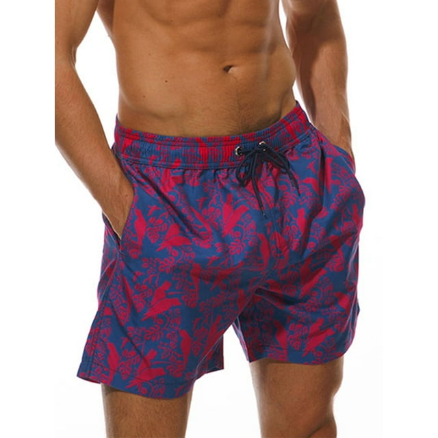 MAWCLOS Mens Beach Pants High Waist Swimsuit Drawstring Boardshorts Comfy Hot Spring Pocket Swimming Suit Purple Parrot M