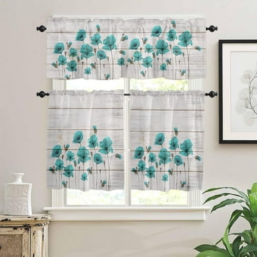 Floral Kitchen Curtain Valance and Tiers Set Teal Green Poppy Flower Rod Pocket Kitchen Tier Curtains Valance Set 3 Piece Watercolor Spring Flower Wood Grain Window Curtain Valance Tier Set 54 x 24 in