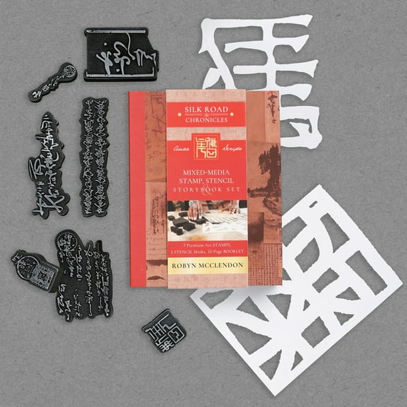 Silk Road Chronicles Mixed-Media Stamp, Stencil, and Storybook Set Asian Scripts: 7 Premium Art Stamps, 2 Stencil Masks, and 32-Page Instruct, Book 1, (Paperback)