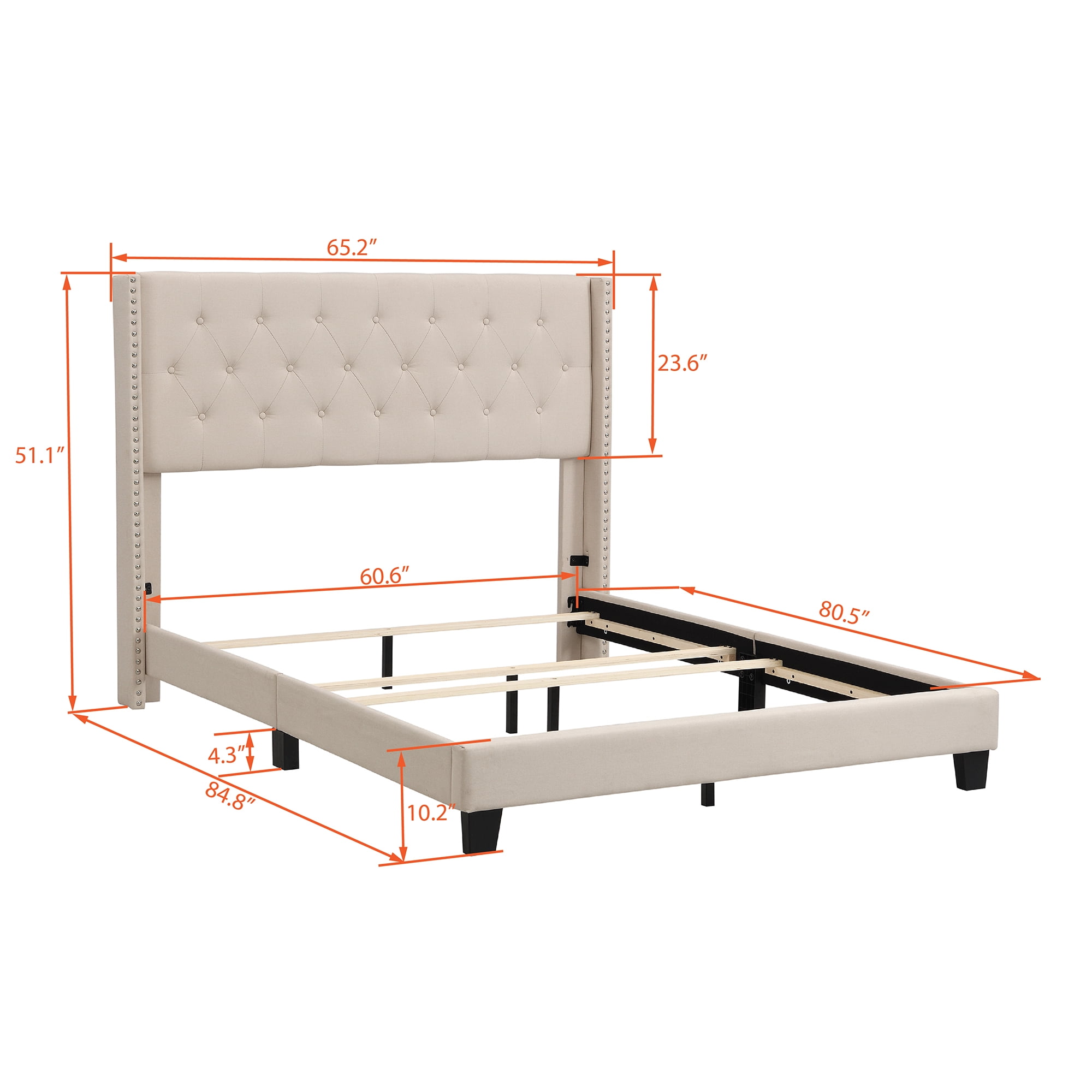 Hommoo Queen Size Platform Bed,Linen Fabric Button Tufted Wingback Upholstered Bed,High Backboard Flat Bed,Box Spring Needed,Beige