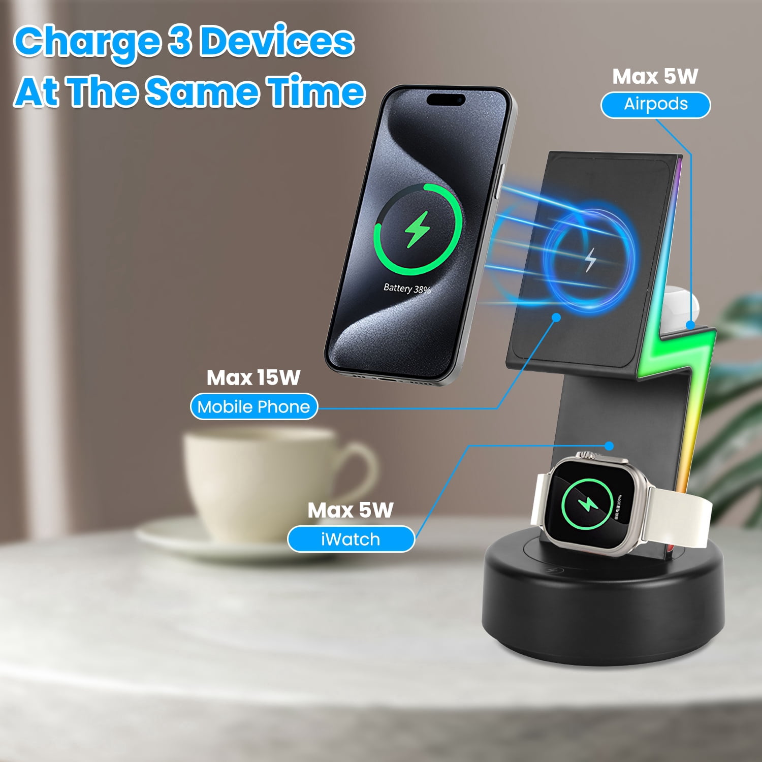 Teqhome 3 in 1 Wireless Charging Station with Magsafe Charger Portable Charger Stand Fit for IOS Phone 12-15 AirPods iWatches Black