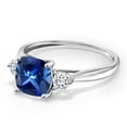 thumbnail image 3 of Gem Stone King 10K White Gold Blue Created Sapphire and White Moissanite 3-Stone Engagement Ring | 2.26 Cttw | Cushion 7MM and 3MM | Three Stone Wedding Anniversary Promise Ring for Women (Size 5), 3 of 5