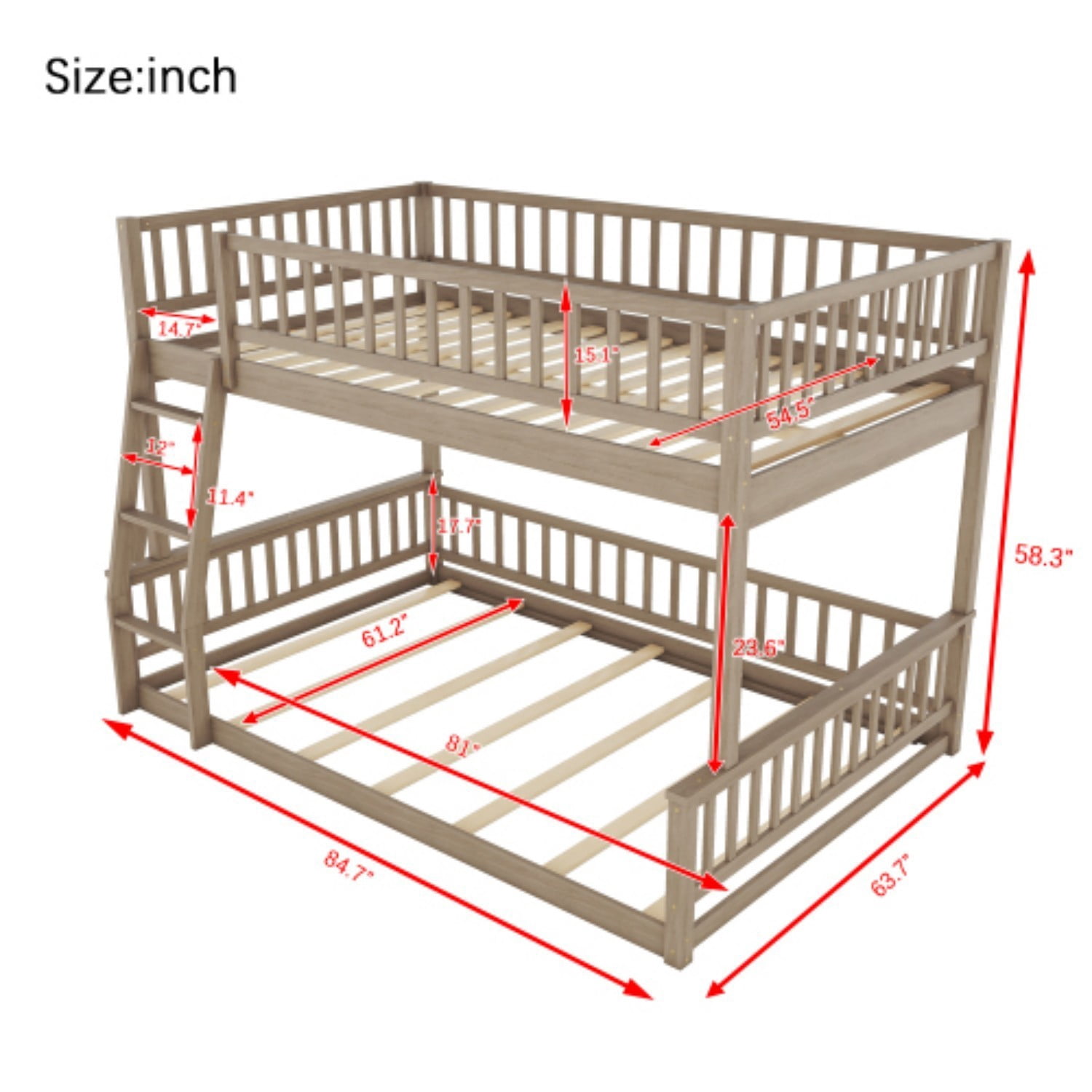 Full XL Over Queen Bunk Bed with Ladder, Convertible Wood Bunk Bed Frame with Safety Guardrails, Solid Pine Wood Space Saving Bed for Bedroom, Walnut