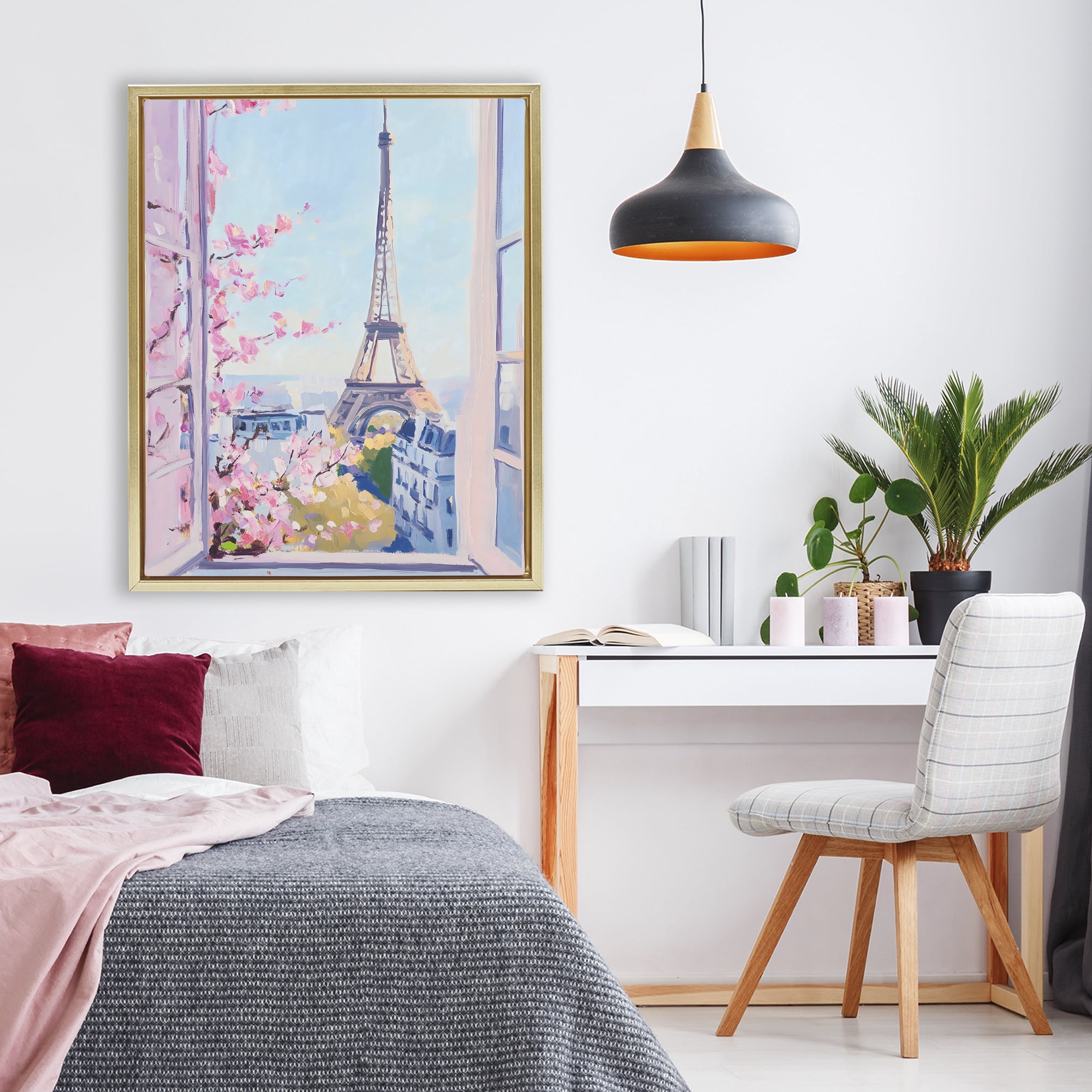 Stupell Industries Eiffel Tower View in Spring Gold Framed Floater Canvas Wall Art, design by The Prints Vibe