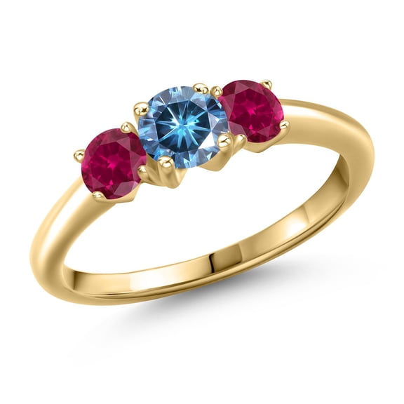Gem Stone King 10K Yellow Gold Persian Blue Moissanite and Red Created Ruby Engagement Ring for Women | 1.00 Cttw | Round 5MM | Gemstone Birthstone | Size 6