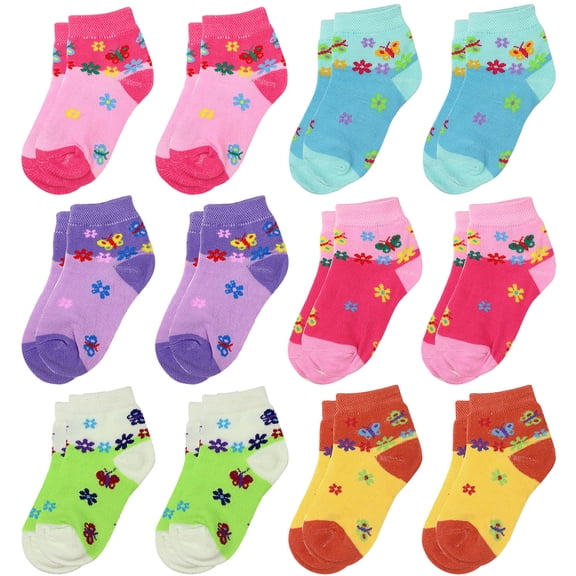 Falari Girls Cotton Socks, 12 Pairs, Butterfly Print, Kids Size 4-6 Years